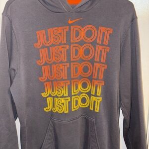 Nike Charcoal Hoodie with Vibrant Orange and Yellow Text